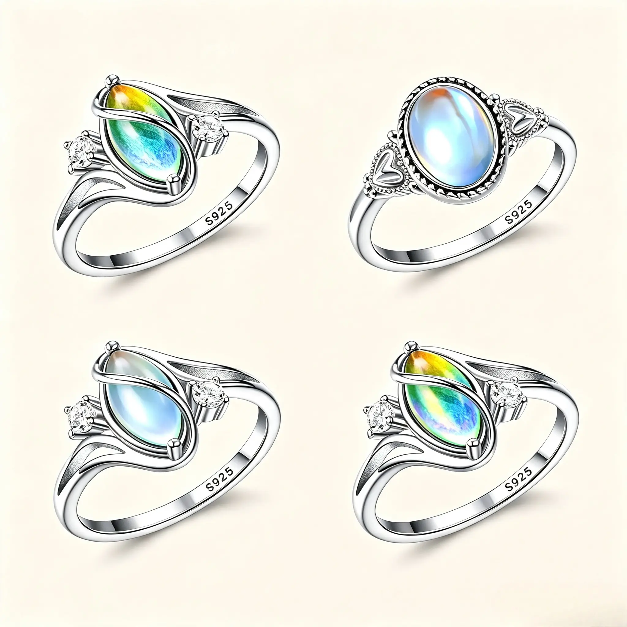 Exquisite S925 Sterling Silver Color Changing Mood Ring for Women, 18K White Gold Plated Vintage Oval Moonstone Solitaire Ring, Victorian Handmade Trendy Ladies Jewelry