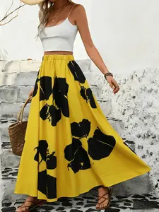 Women's Spring Summer High Waist Printed Midi Maxi Skirt, Loose-Fitting Y2K Style, Perfect for Evening Parties and Weddings, Block