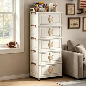 Foldable Plastic Storage Cabinet equipped with Silent Universal Wheel rolling design, multilayer layer storage box & Collapsible Multifunctional Storage Bins, stackable space saver organizer for room, bedroom and office storage organization