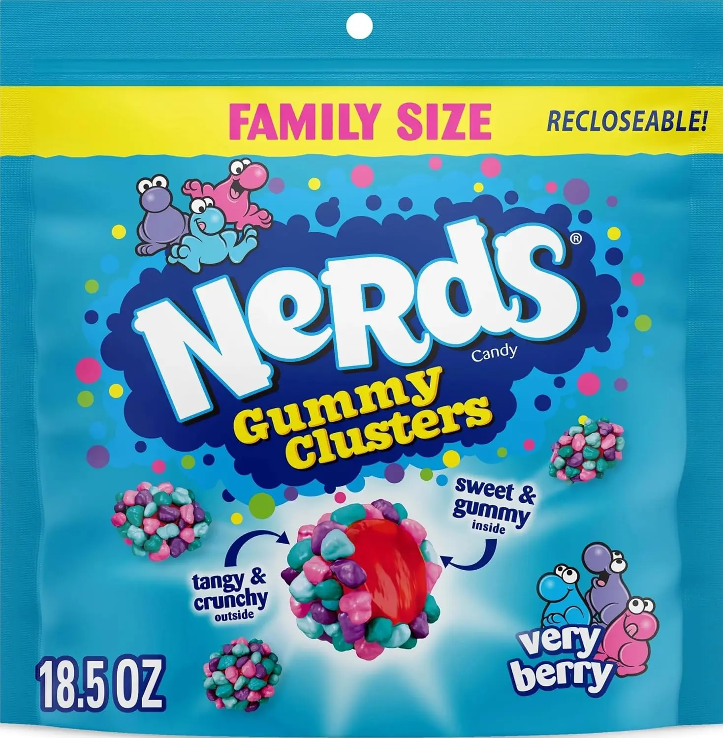 NERDS Gummy Clusters Very Berry Candy, Crunchy & Gummy, 18.5 oz | Crunchy outside gummy inside, resealable family size bag, party candy, snack time, berry flavor mix