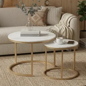 Holiday Special 2-Piece Nesting Coffee Table Set – Marble Round Top, Space-Saving Stackable Design, Sturdy MDF & Metal Frame, Easy Assembly for Living Room Bedroom