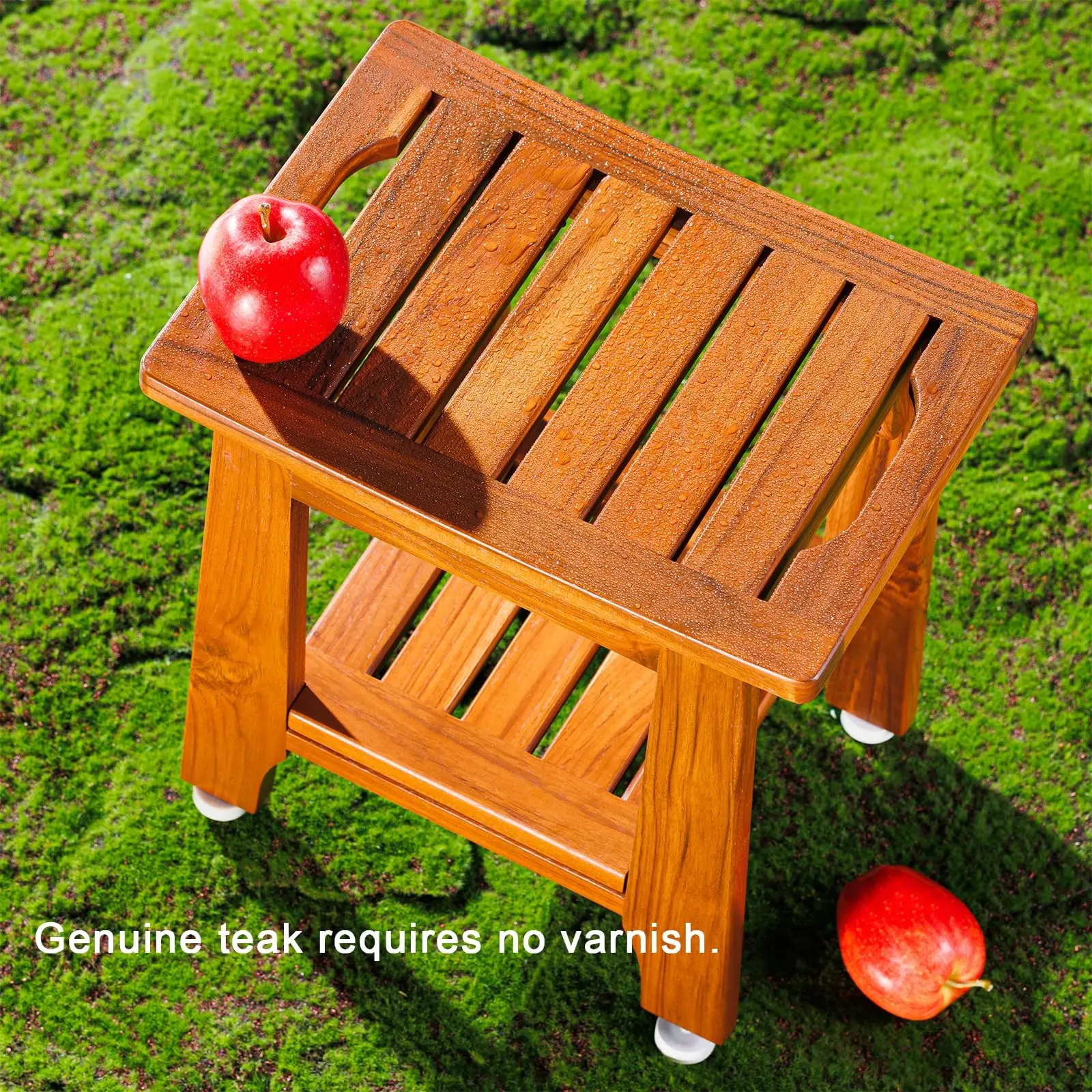 14" Standard Teak Shower Bench with Shelf & Handle - Waterproof, Non-Slip Bath Stool, 250 lbs Capacity - Fits Standard Tubs/Showers & Outdoor Use
