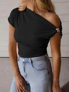 Women's One-Shoulder Asymmetrical Neck Slimming T-Shirt, Casual Fashion Minimalist Top for Daily Wear, Comfortable and Stylish Ladies' Tee