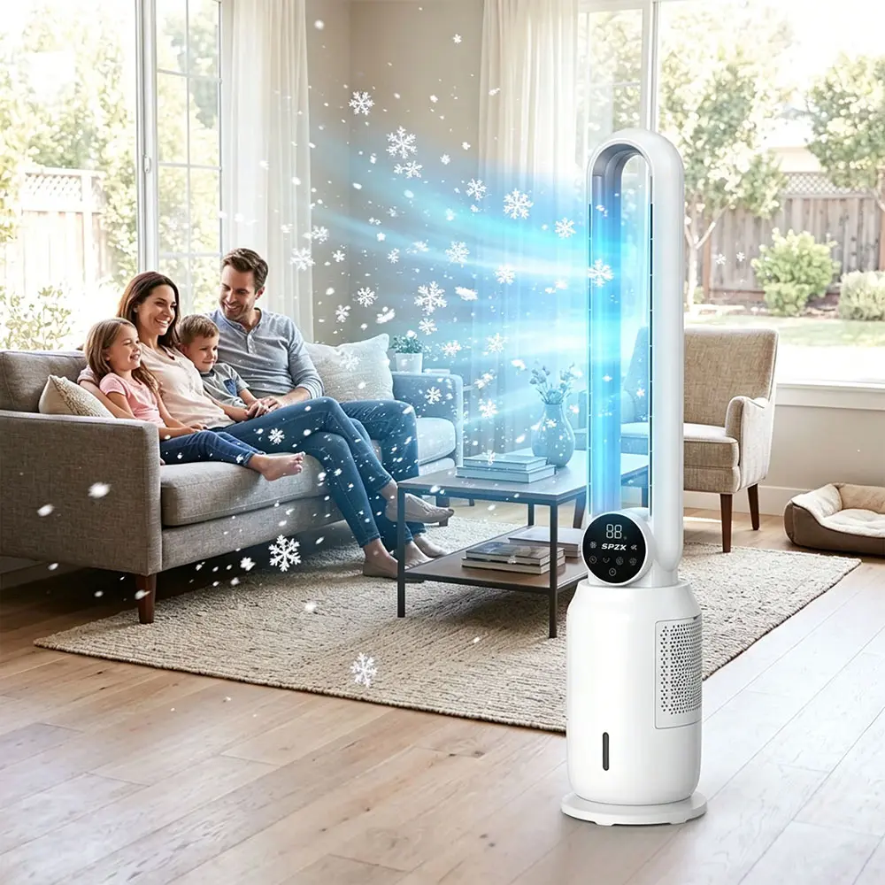 SPZK 2-in-1 Evaporative Air Cooler & Bladeless Tower Fan. 65W Whisper Quiet Freestanding Floor Fan with 2 Litre Tank, Remote. Child Safe Elegant Decor Perfect for Nursery, Kids Room, Bedroom & Living Room. Air Purifier.