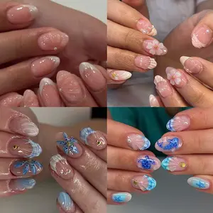 Ocean & Flower Nail Art Set, 96pcs Short Oval Shape 3D Gel Nails, Sea Turtle, Flower, Whale Decorative Elements Ocean Theme Designs, Acrylic False Nails, Summer Party Use, Gel Nail Tips