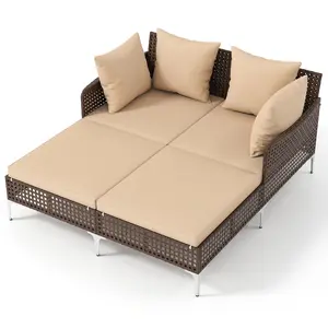 COSTWAY - Outdoor Rattan Double Daybed Wicker Chaise Lounge-Brown