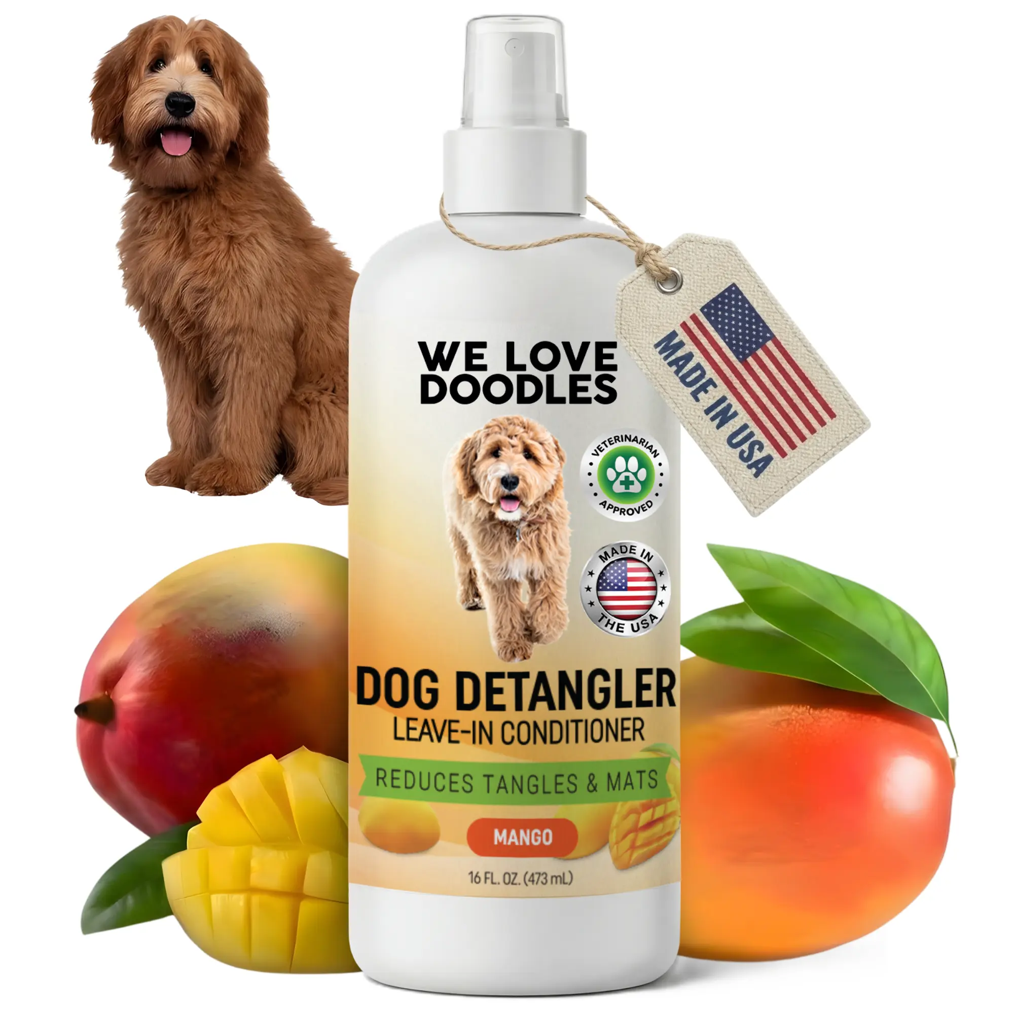 We Love Doodles Dog Detangler Spray Fresh Mango - Natural Gentle Formula Leave-in Conditioner for Long-haired Breeds Tangle Remover 16oz Made in USA