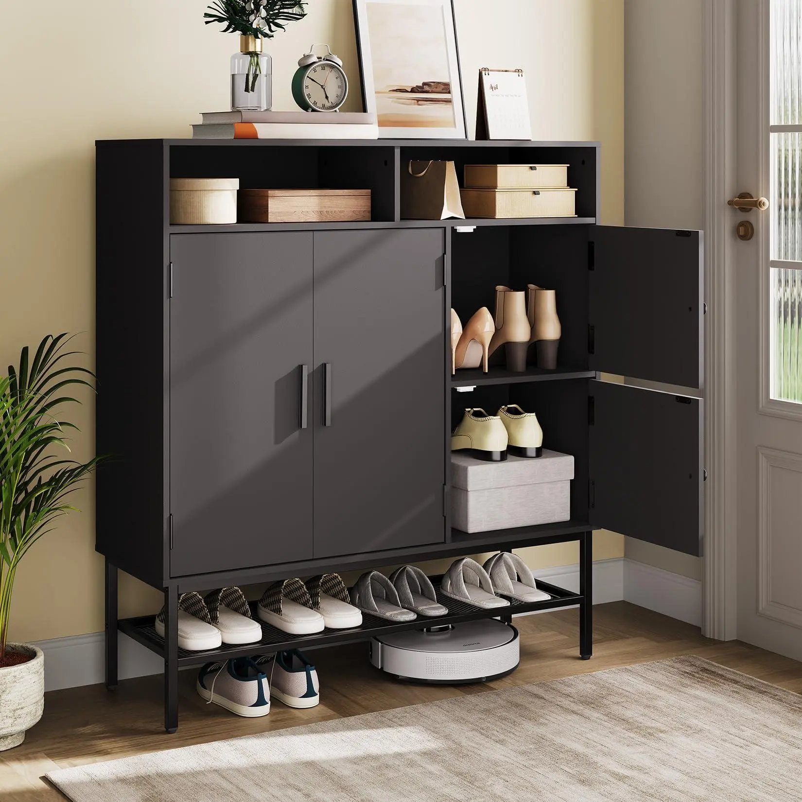 4 Door Farmhouse Shoe Storage Cabinet with Adjustable Shelves,40inch | Tall Closed Shoe Organizer Cabinet with Metal Legs,Hidden Shoe Rack for Entryway, Hallway, Living Room