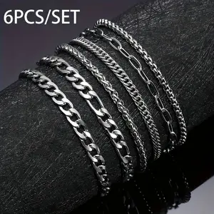 Men's 6Pcs Simple Plain Stainless Steel Link Chain Bracelet Set Stackable Casual Fashionable Jewelry for Party Daily Wear Trendy All-match Elegant Gift for Couples