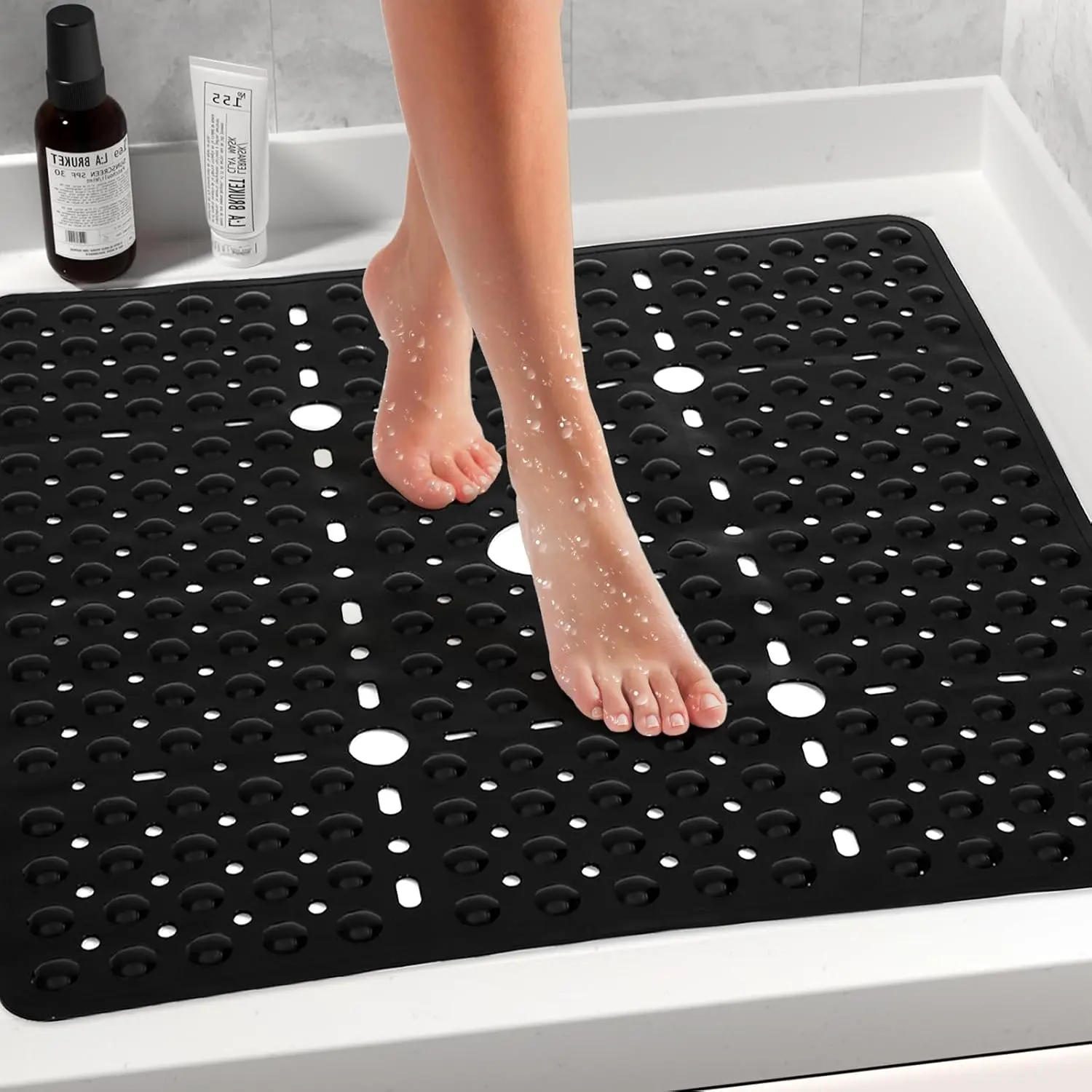 1pc Large Black Square Shower Mat Non Slip 27 x 27 Inch, Nonslip Shower Mat, Shower Bath Tub Mat Non Slip for Inside Shower Bathroom Floor, Shower Stall Mats with Suction Cups Drain Holes, Machine Washable, BPA-Free, Bathroom Accessory
