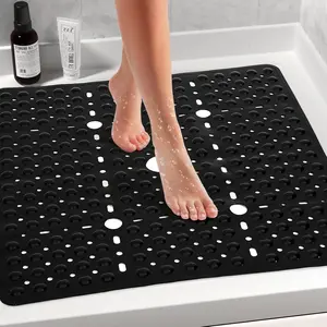 1pc Large Black Square Shower Mat Non Slip 27 x 27 Inch, Shower Bath Mats Tub Mat for Inside Shower Bathroom Floor, Shower Stall Mats with Big Suction Cups Drain Holes, Easy Machine Washable, BPA-Free, Bathmat