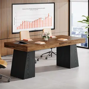 LITTLE TREE 55.1" W Conference Table for 4 People, Farmhouse Meeting Table with Double Trapezoidal Legs, Small Wood Seminar Desk Office Furniture for Conference Room, Rustic Brown & Black