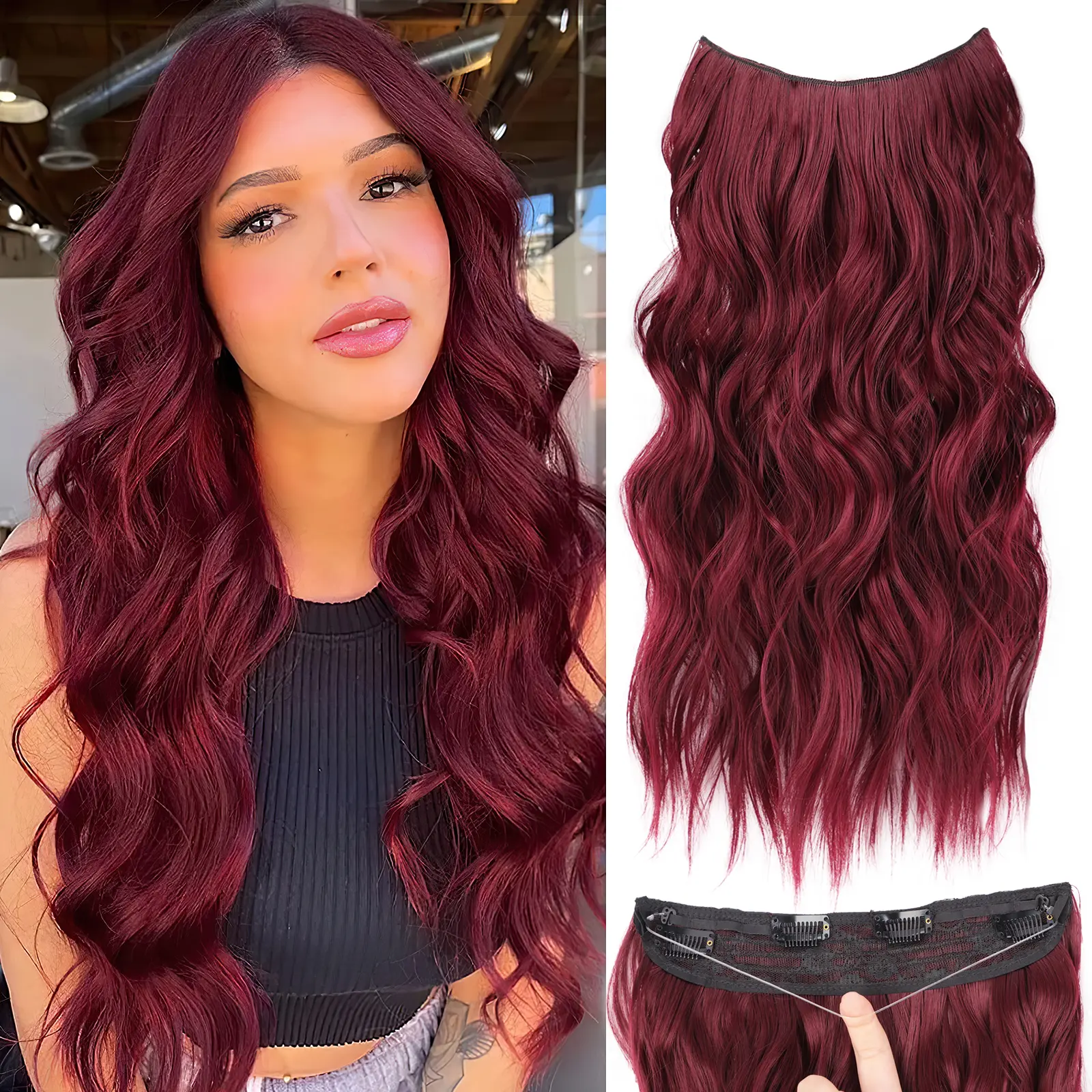 LushWig Women's 20-Inch Invisible Wire Synthetic Hair Extensions, Transparent Adjustable Headband, 4 Secure Built-In Clips, Long Wavy Highlight Hairpieces (Synthetic Extensions & Pieces), Built-In Clips Synthetic Extensions & Pieces