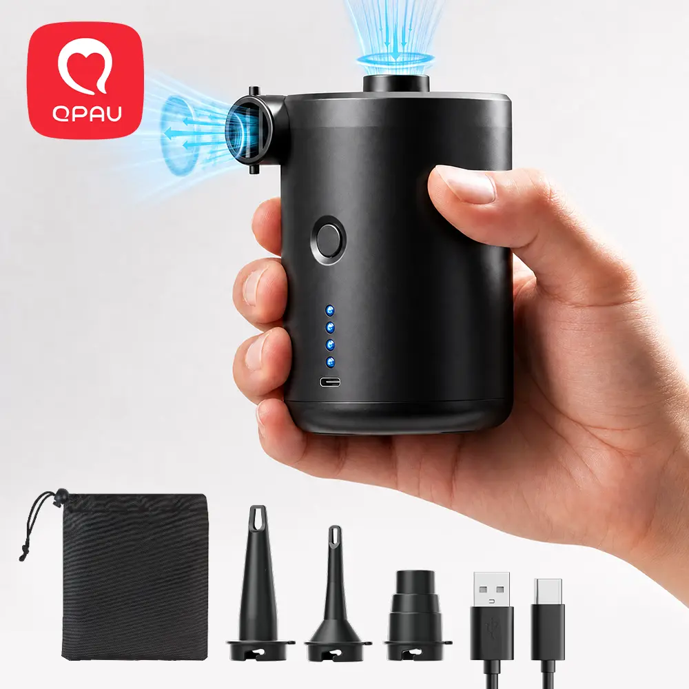 QPAU Electric Air Pump with 3 Nozzles, 4000mAh Battery Type-C Rechargeable, Ideal Inflator/Deflator Pumps for Outdoor Camping, Inflatable Cushions, Air Mattress Beds, Boats, Swim Ring homeessentials, back to school