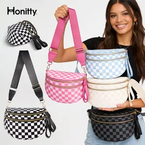 HONITTY Plus Size Friendly Fanny Pack with Gold Toned Hardware & Adjustable Strap Spacious Design for Essentials Great Gift Belt Bags Black and White Checkered Nylon Bum Bag,summervibes