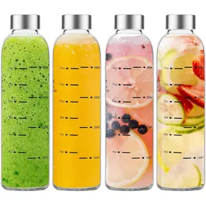 Glass Water Bottles with Lids 17 oz, Clear Juice Bottles With Stainless Steel Cap, Reusable Glass Drinking Bottle for Juicing, Refrigerator,100% Leak Proof, BPA Free