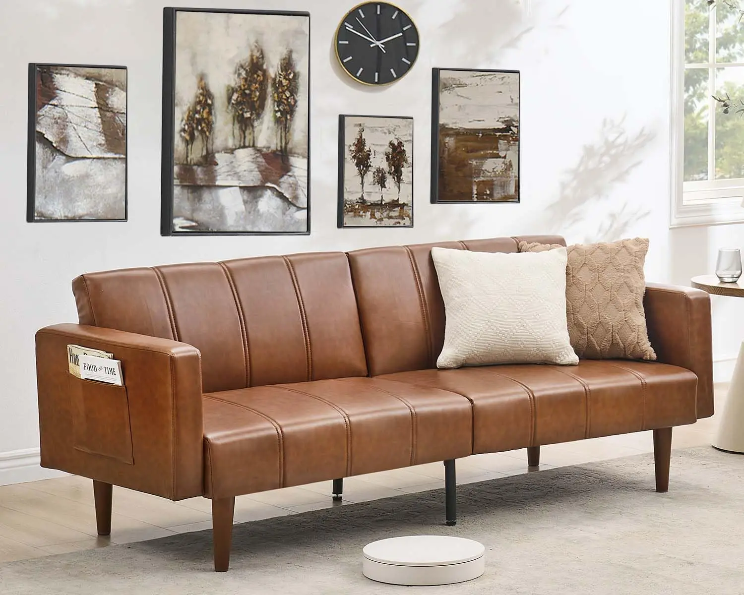 75'' Futon Couch Sofa Bed Mid‑Century Futon PU Leather Convertible Sleeper Couch Sofa with Adjustable Backrest, Loveseat & Side Pockets for Living Room & Bedroom