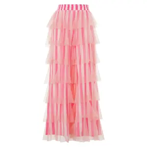 Women Trendy Cute Pants Casual Layered Mesh Ruffles Stripe Print Elastic Trousers for Daily Streetwear