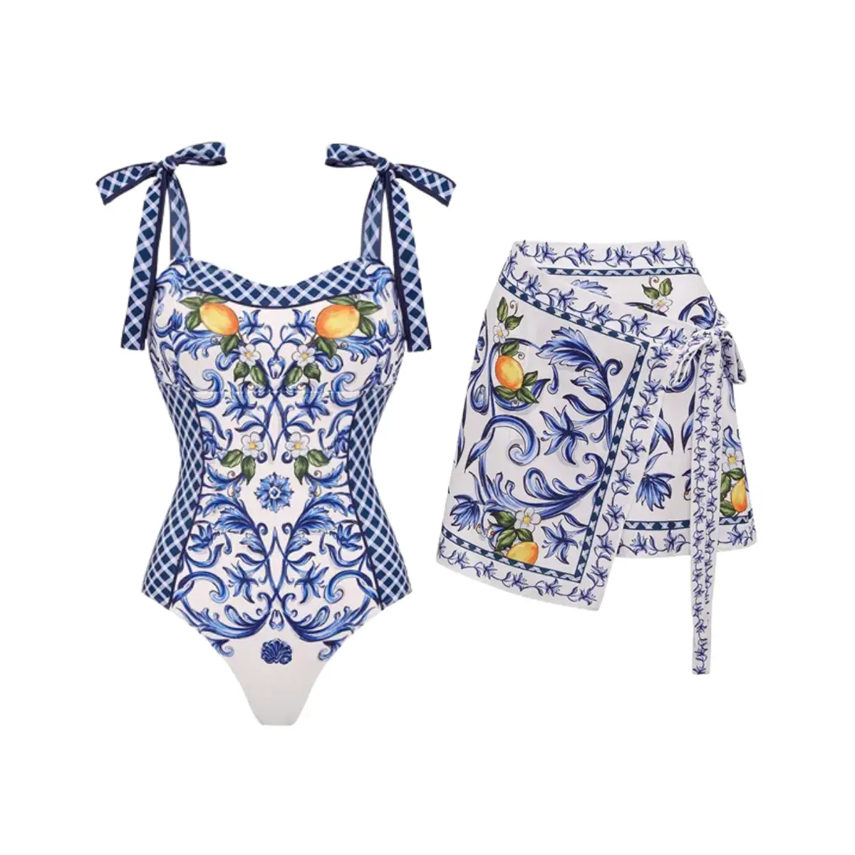 FLAXMAKER Women's Bowknot Shoulder Lemon Print One Piece Swimsuit and Matching Cover Mini Skirt Set Swimdress Stylish Beachwear Bathing Suit Swimoutfit #Summervibes #SwimWeek tiktokshopbacktoschool