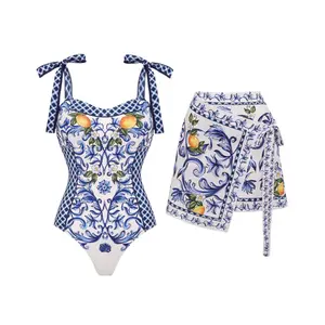 FLAXMAKER Women's Bowknot Shoulder Lemon Print One Piece Swimsuit and Matching Cover Mini Skirt Set Swimdress Stylish Beachwear Bathing Suit SpringStatements Swimoutfit