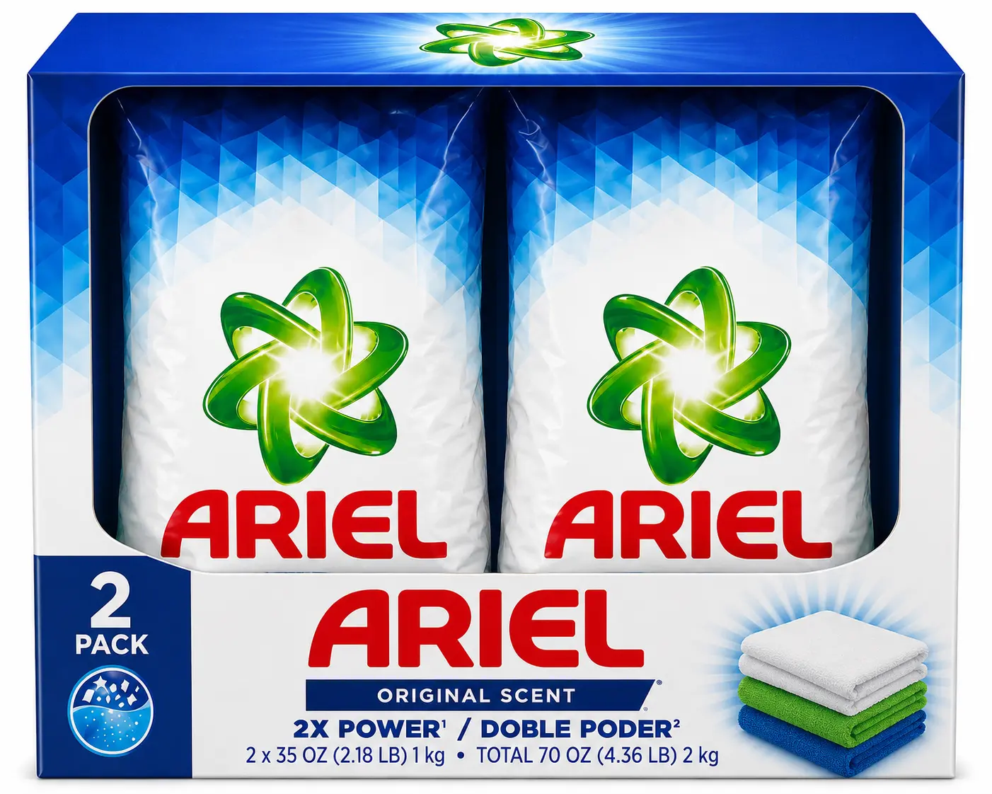 Ariel Original Scent Powder Laundry Detergent, 2 Pack (2 x 1 kg Bags) – Double Cleaning Power, 2 kg Total
