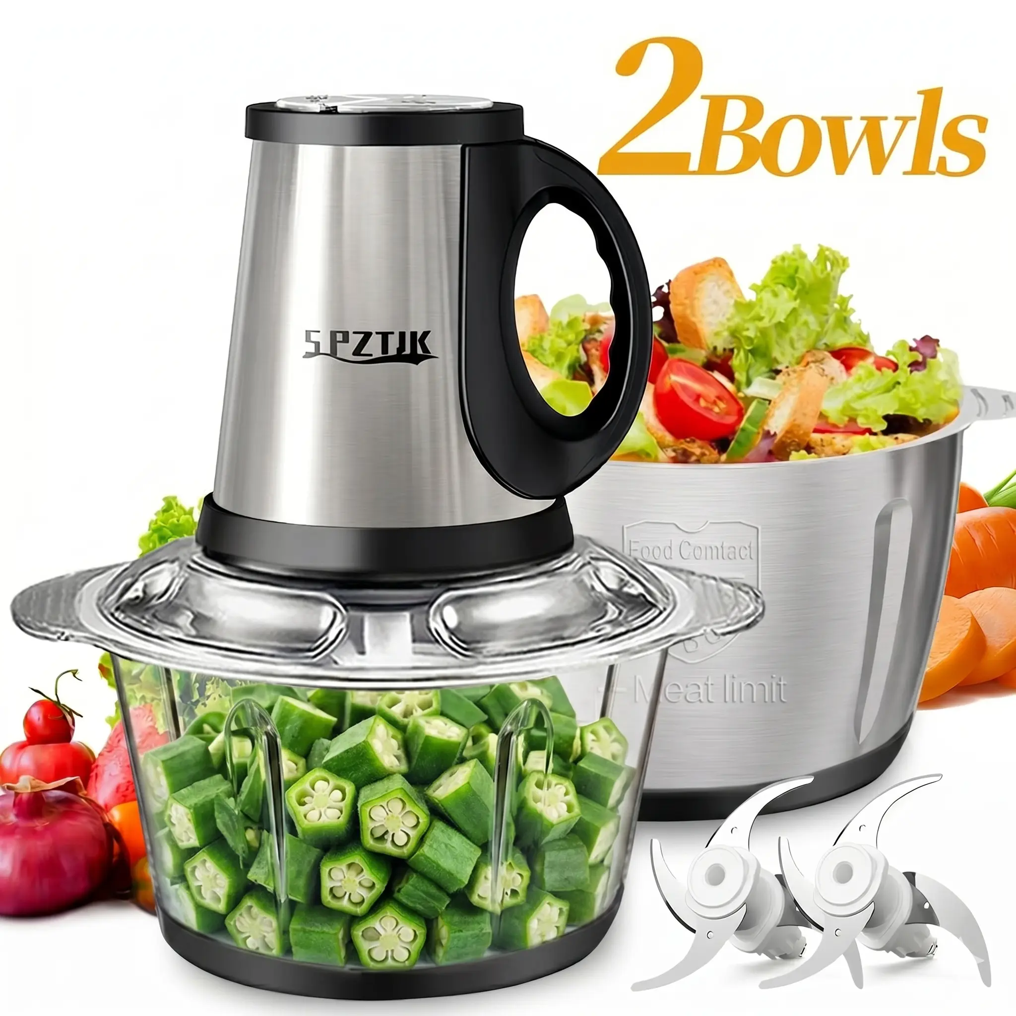 SPZTJK Meat Grinder,Food Processors With 2 Bowls and 4 Bi-Level Blades, Mini Electric Food Chopper 300W, For Baby Food, Meat, Onion, Vegetables