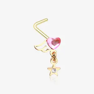 Golden Angel Heart Sparkle Star Dangle L-Shaped Nose Ring
