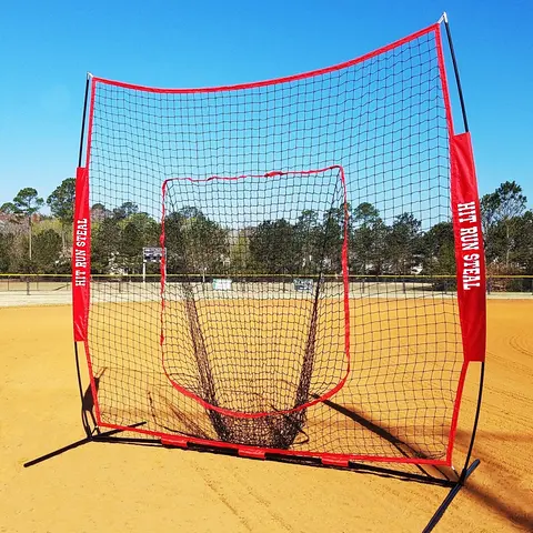 Hit Run Steal 7'x7' Baseball/Softball Training Soft-Toss Net - Durable and Stable Pitching Aid with 12 lbs Stable Weight, Bow Frame, Composite Poles, Tool-Free Setup for Training Drills & Any Age Group