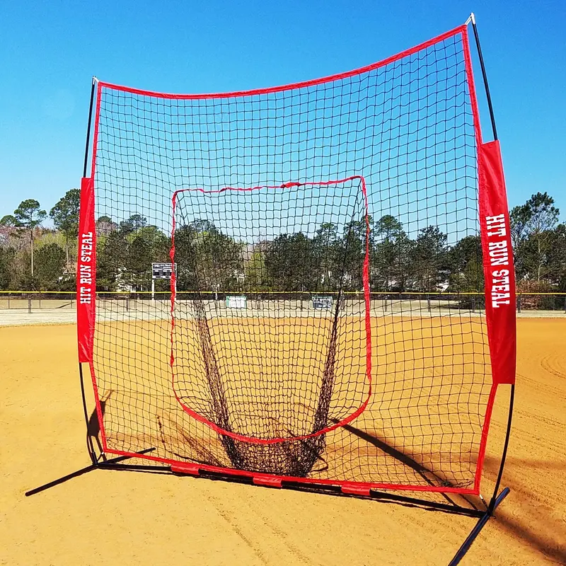 Hit Run Steal 7'x7' Baseball/Softball Training Soft-Toss Net - Durable and Stable Pitching Aid with 12 lbs Stable Weight, Bow Frame, Composite Poles, Tool-Free Setup for Training Drills & Any Age Group