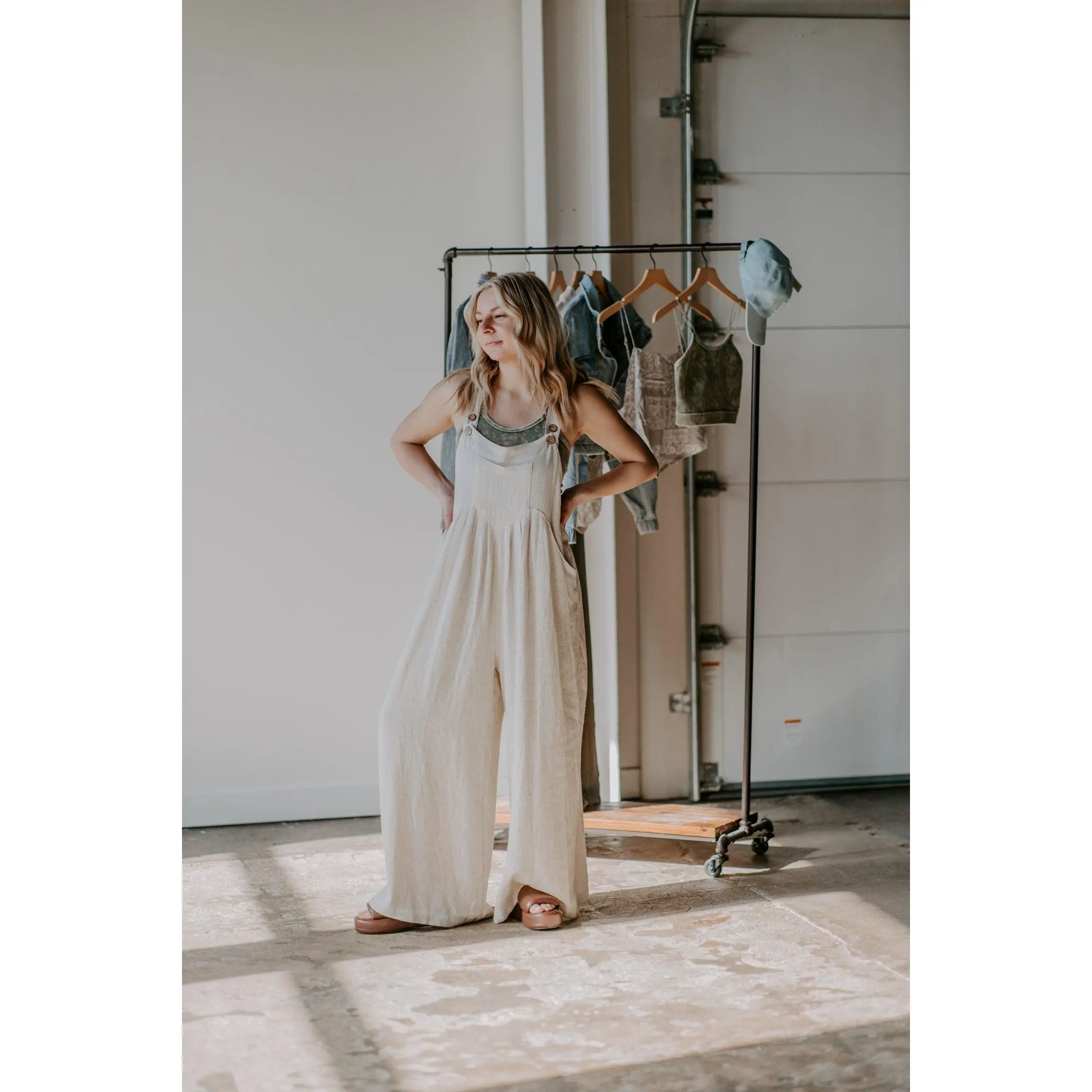 Linen wide leg overall jumpsuit