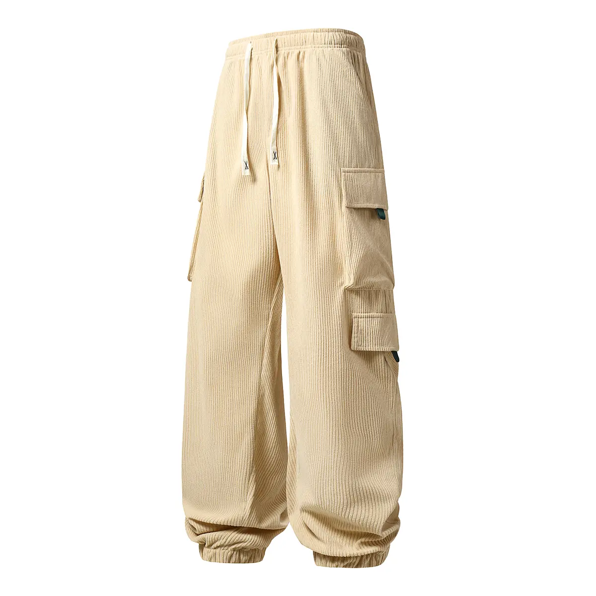 Vintage Beige Corduroy Cargo Jogger Pants For Men, Elastic Waist Relaxed Baggy Cut, Functional Big Side Cargo Pockets, Soft Cord Fabric Streetwear Trousers, Great for urban trips, outdoor activities, casual daily outfits and weekend street‑style looks