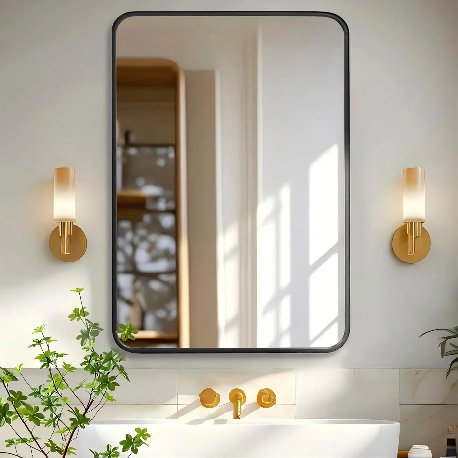 Modern Black Accents Wall-Mounted Anti-Mist Bathroom Mirror - Arc Edge, Anti-Rust Tempered Glass, Horizontal-Vertical Hanging, 3 Sizes, Includes Necessary Hardware & Tools, Modern Mirror, Anti-Mist Bathroom Mirrors