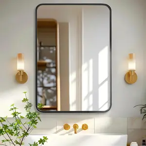 Bathroom Wall Mirror, Black Metal Framed Rounded Corner Rectangle Vanity Mirrors, Anti-Rust, Tempered Glass, Hangs Horizontally or Vertically