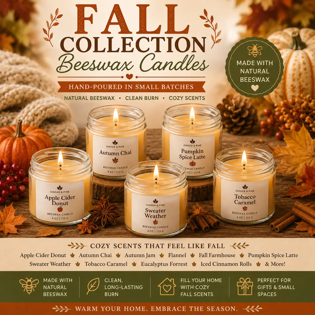 4 oz Hand-Poured Beeswax Candles, Fall Collection Fragranced Candles for Room Decor, Fragrance, Cozy