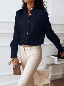 Women's solid color fashionable casual long sleeve button-down shirt, suitable for spring and summer, suitable for home, indoor, and outdoor wear