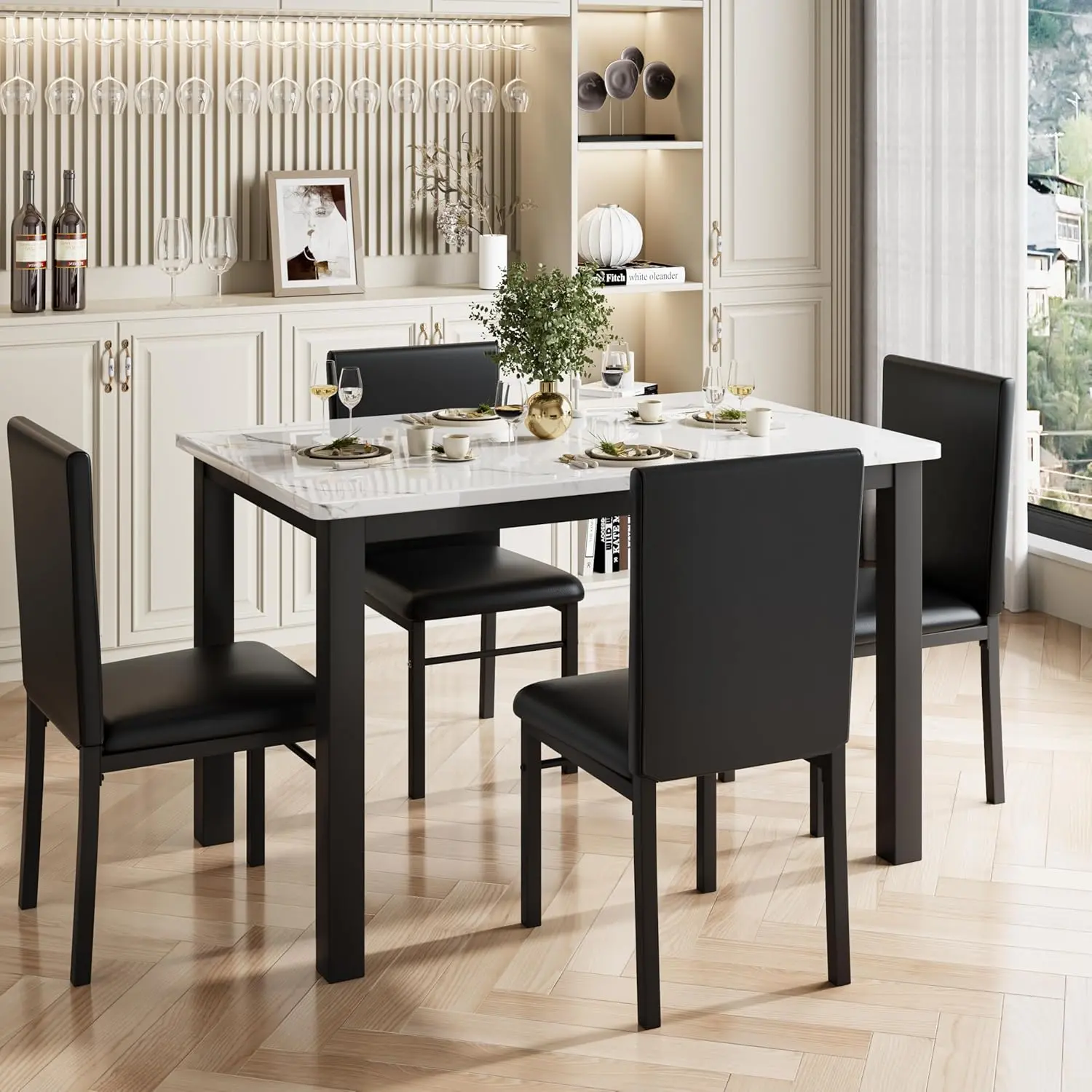 5-Piece Kitchen Table Set for 4, Faux Marble Finish with 4 Comfort Chairs, Sturdy Metal Construction, Space-Saving Design for Small Apartments, White & Black