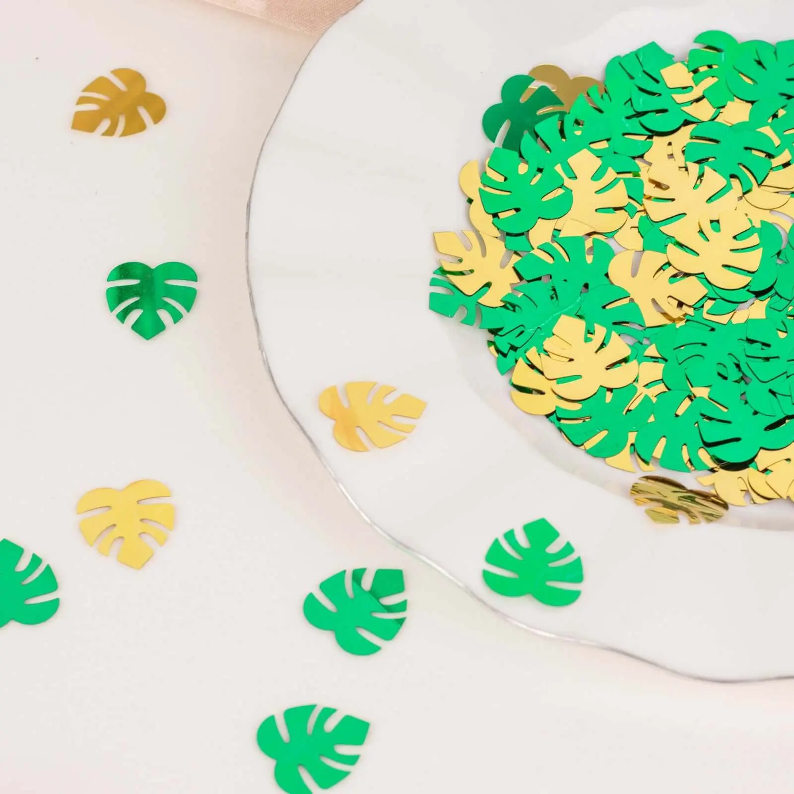 15G Bag Metallic Green and Gold Tropical Palm Leaf Table Confetti, Shiny Monstera Leaves Party Scatters - Vibrant and Eye-Catching Design