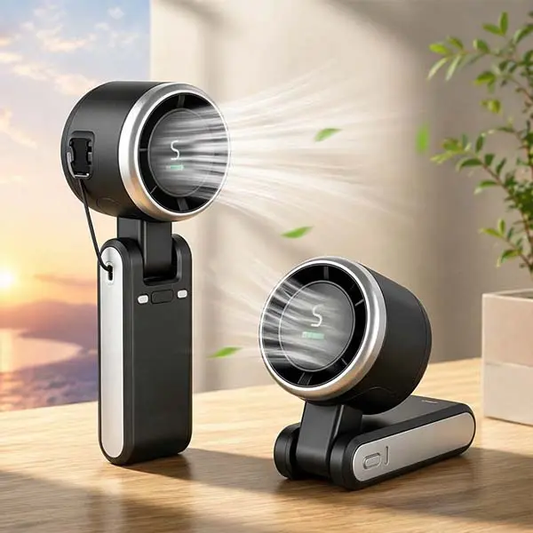 Portable Handheld Turbo Fan, 5 adjustable wind speeds, built-in rechargeable battery and USB charging design. This 3-in-1 personal fan adopts turbo cooling technology, perfect for outdoor activities, travel, office work and daily gifting.