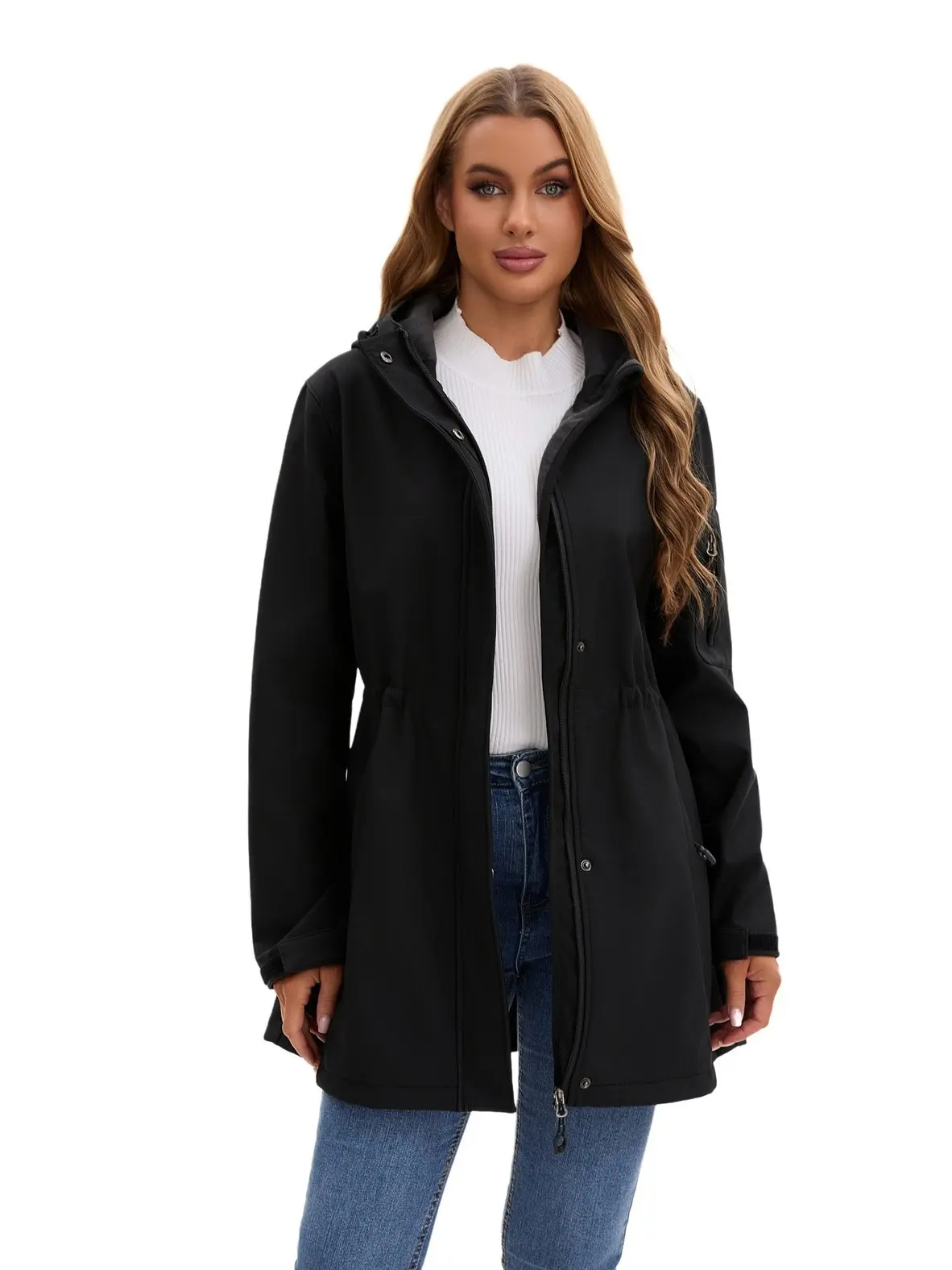 Women's Long-Sleeve Waterproof Polyester Softshell Coat - Hooded with Drawstring, Windproof, Breathable, Warm Fleece Lined, Adjustable Waist, Zippered Casual Outerwear for Hiking, Camping, Coats