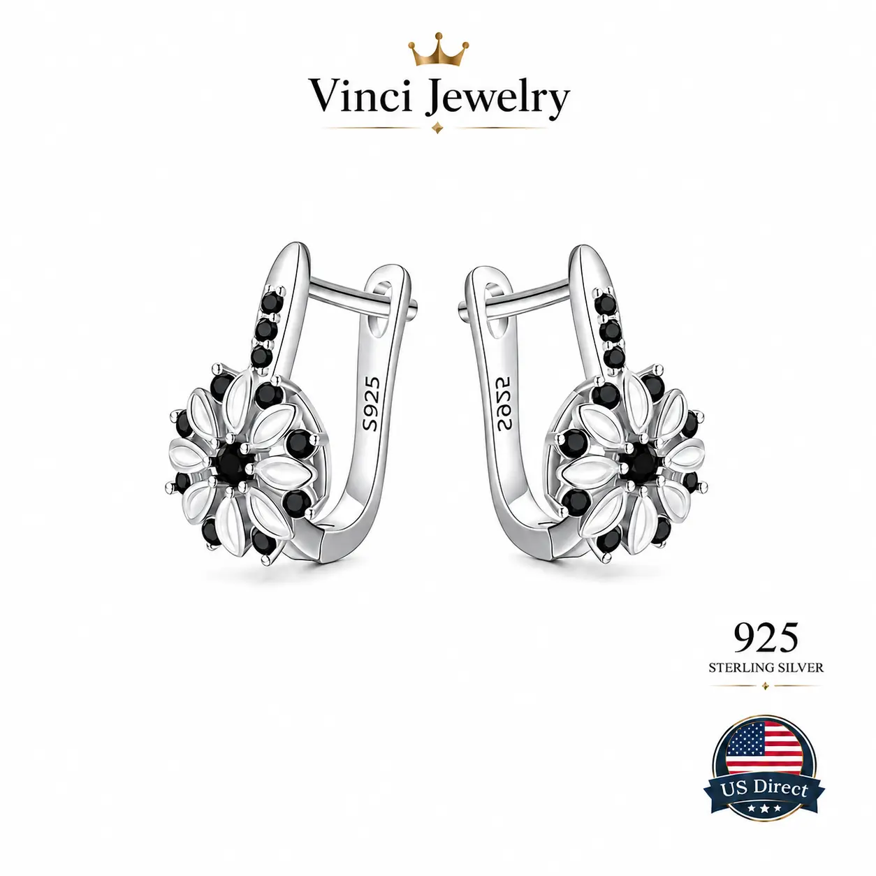 925 sterling silver Black Floral Hoop Earrings Vintage Daisy Flower Earrings Elegant Crystal Statement Jewelry Minimalist Retro Earrings for Women Everyday Wear Party Wedding Anniversary Birthday Gift Fashion Jewelry Comfortable Lightweight Classic Style