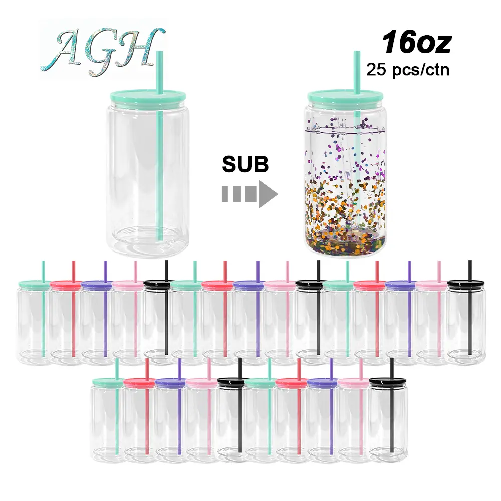USA 15/25pcs 16 oz Plastic Acrylic Cups Double Wall Tumblers 16 oz Cups with Lid Drinkware Beer Coffee Juice Cans for Glitter DIY Gift Wholesale
