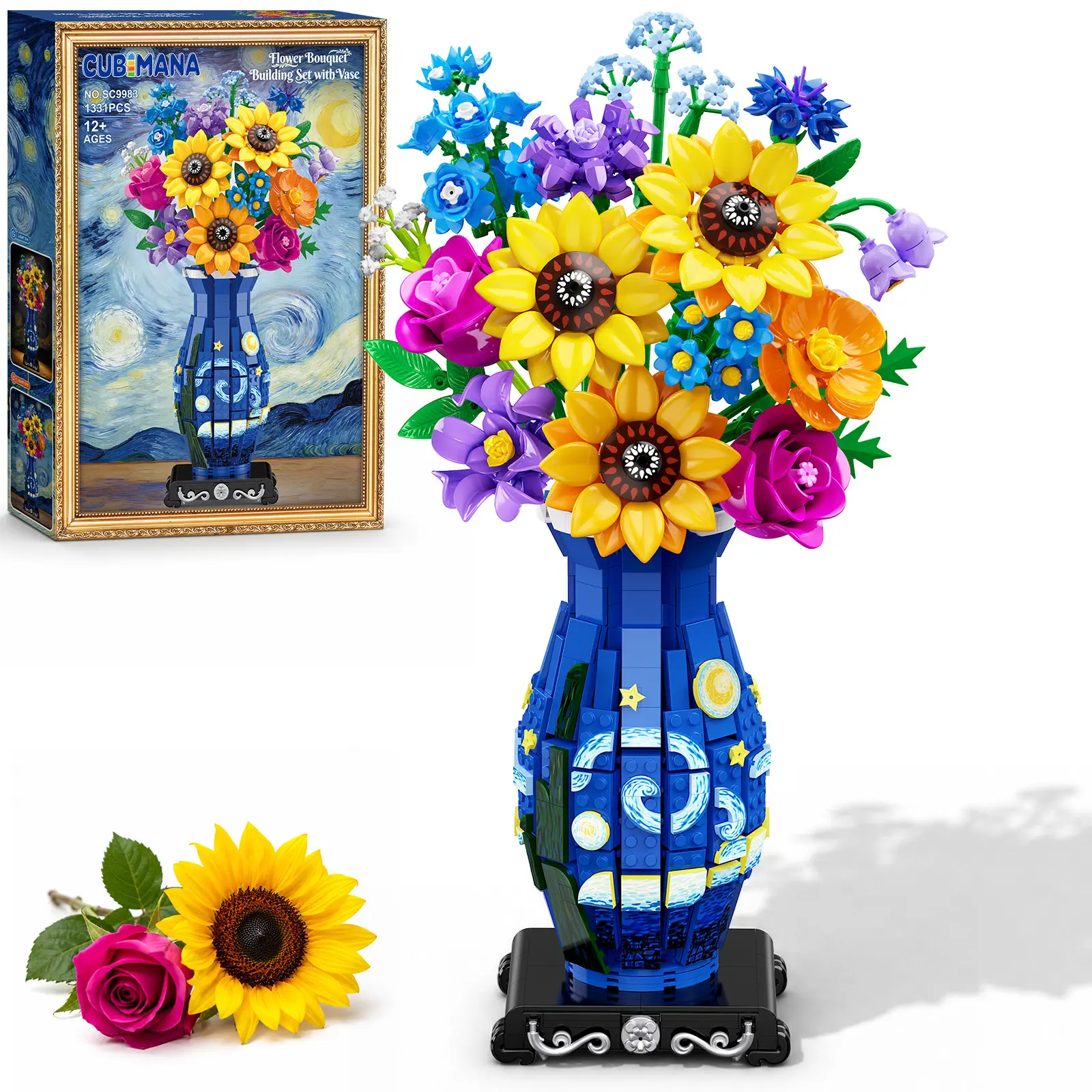 CUBIMANA Flower Bouquet Building Set with Starry Night Vase & LED Light | Gifts for Adults Men Women, 1331PCS 3.6MM Mini Building Set, Starry Night Art Bouquet, Warm LED Light, Home Office Decor