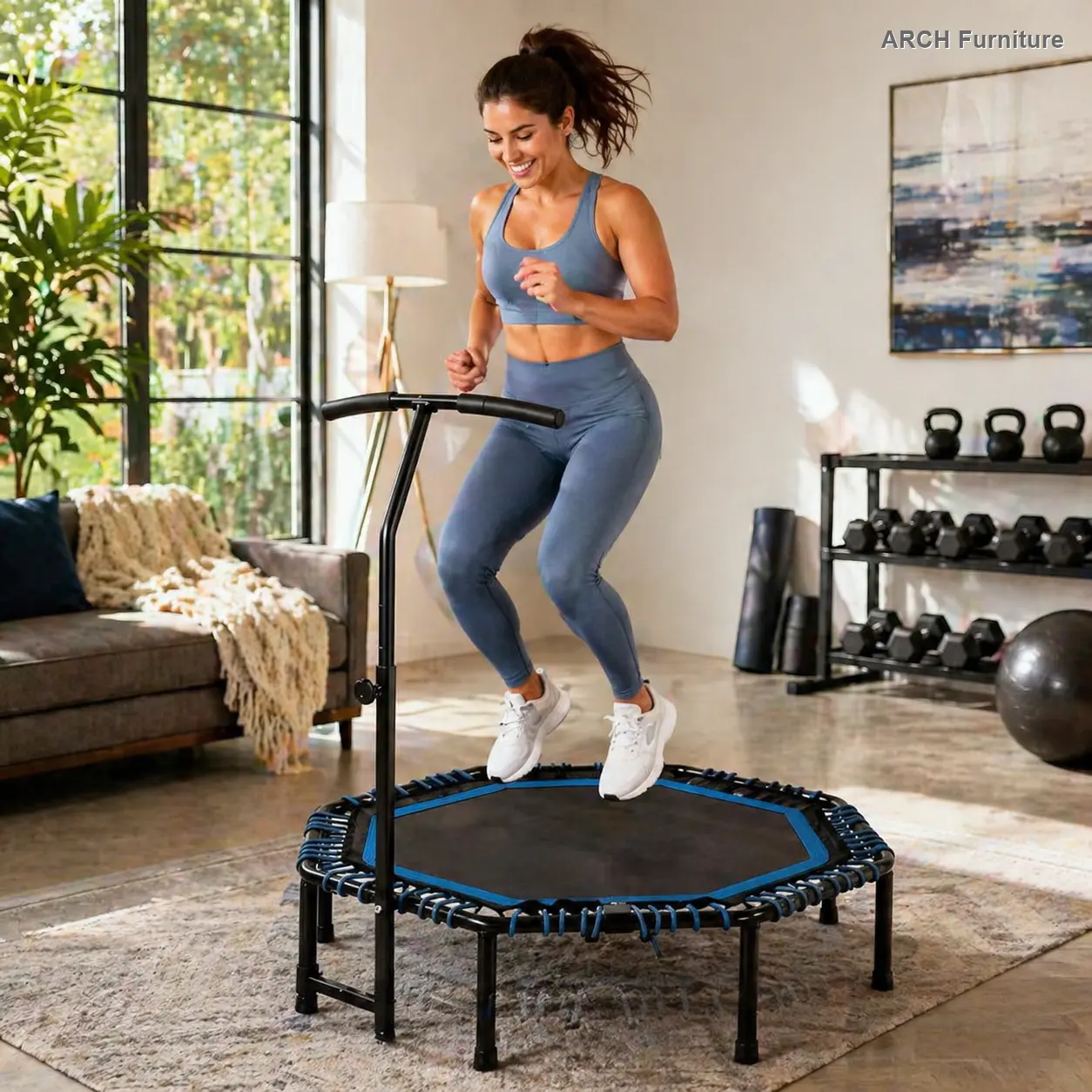 ARCH 48" Dia. Foldable Frame Rebounder Fitness Trampoline for Adults - Adjustable Handle Bar, 450lbs Capacity, Durable Bungee Ropes, Quiet Stable Jump, Trampoline Workout, Versatile Training, Workout From Home, Multiple Colors, Cardio Workouts