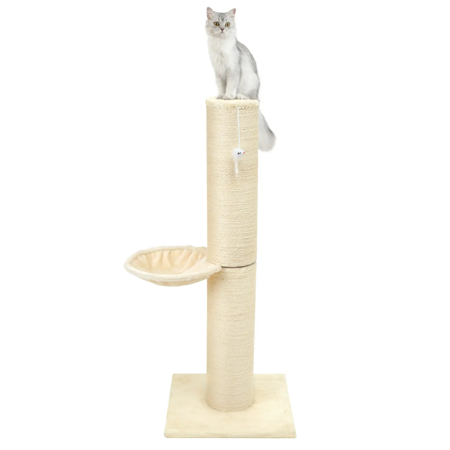 Made4pets Large Cat Scratching Post with Condo Design, Cotton-Bound Rope, Dual Rope Options, Beige Vertical Natural Sisal Scratcher for Pet Play & Rest