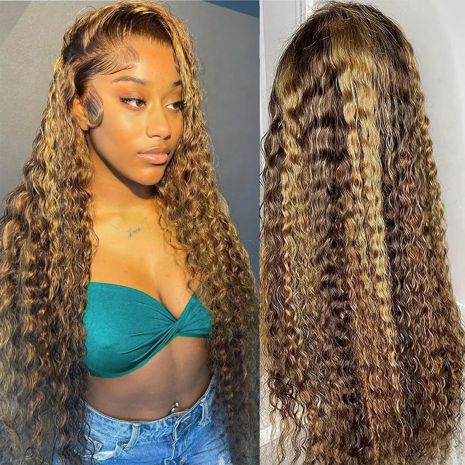Lemoda 13x6 Highlight Water Wave Lace Front Wigs Human Hair 13x4 Honey Blonde Ombre Curly Human Hair Wig For Women 200% Density Soft and Natural Wet and Wavy HD Lace Frontal Glueless Wig