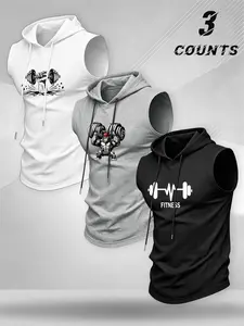 American Fitness Dumbbell Print Hooded Sleeveless Tank Top, Quick-Dry Breathable Weight Training Shirt, Men's Gym Workout Upper, Fitness Hoodie, Breathable Workout Tops