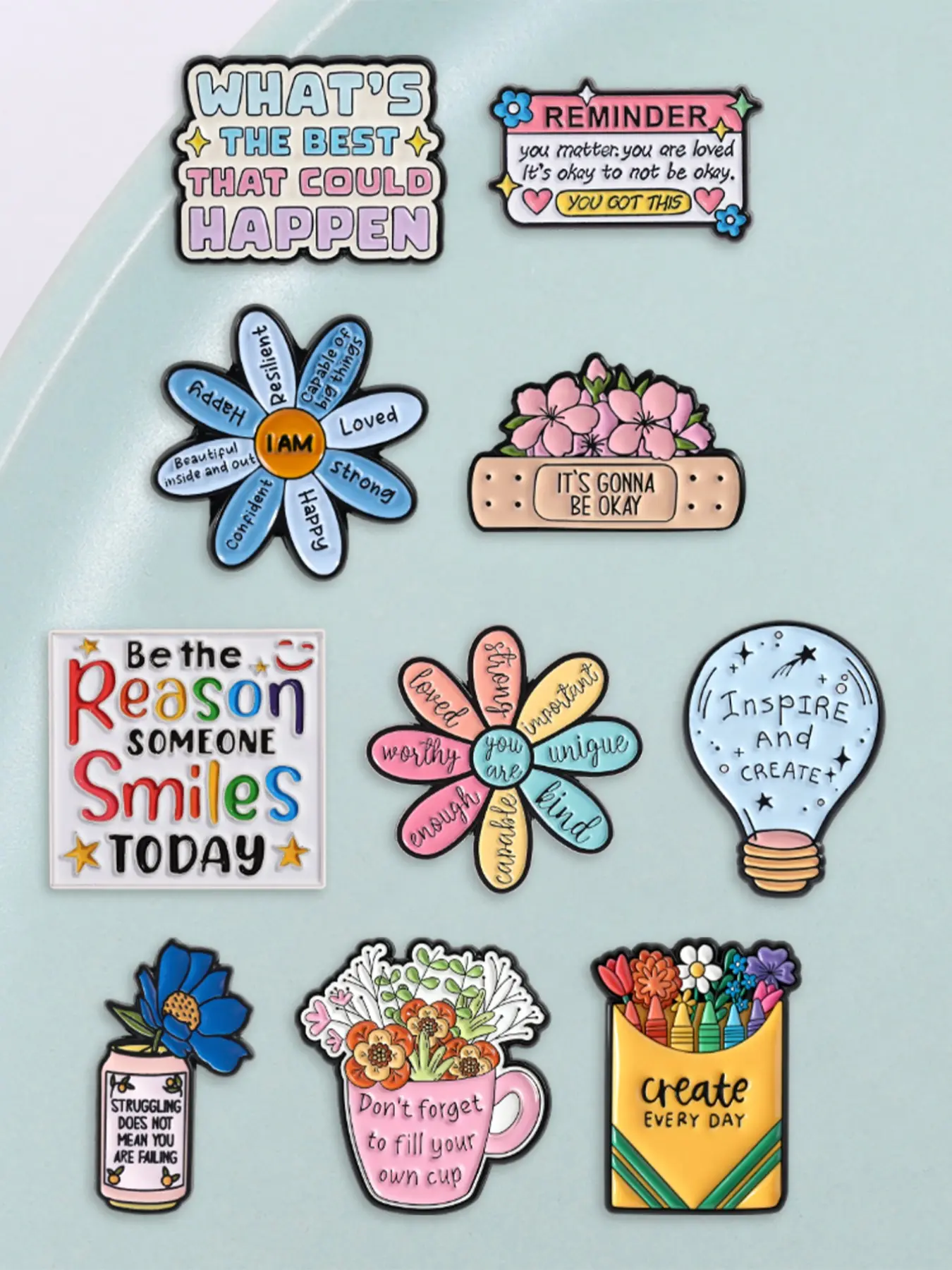 10-Piece Mood Healing Theme Enamel Badges, Gentle Cure Style Brooches, Brooch Set, Enamel Lapel Pins, Flower Brooch Pin, Floral Pins, Perfect for Clothing & Backpacks, Ideal Gift for Friends