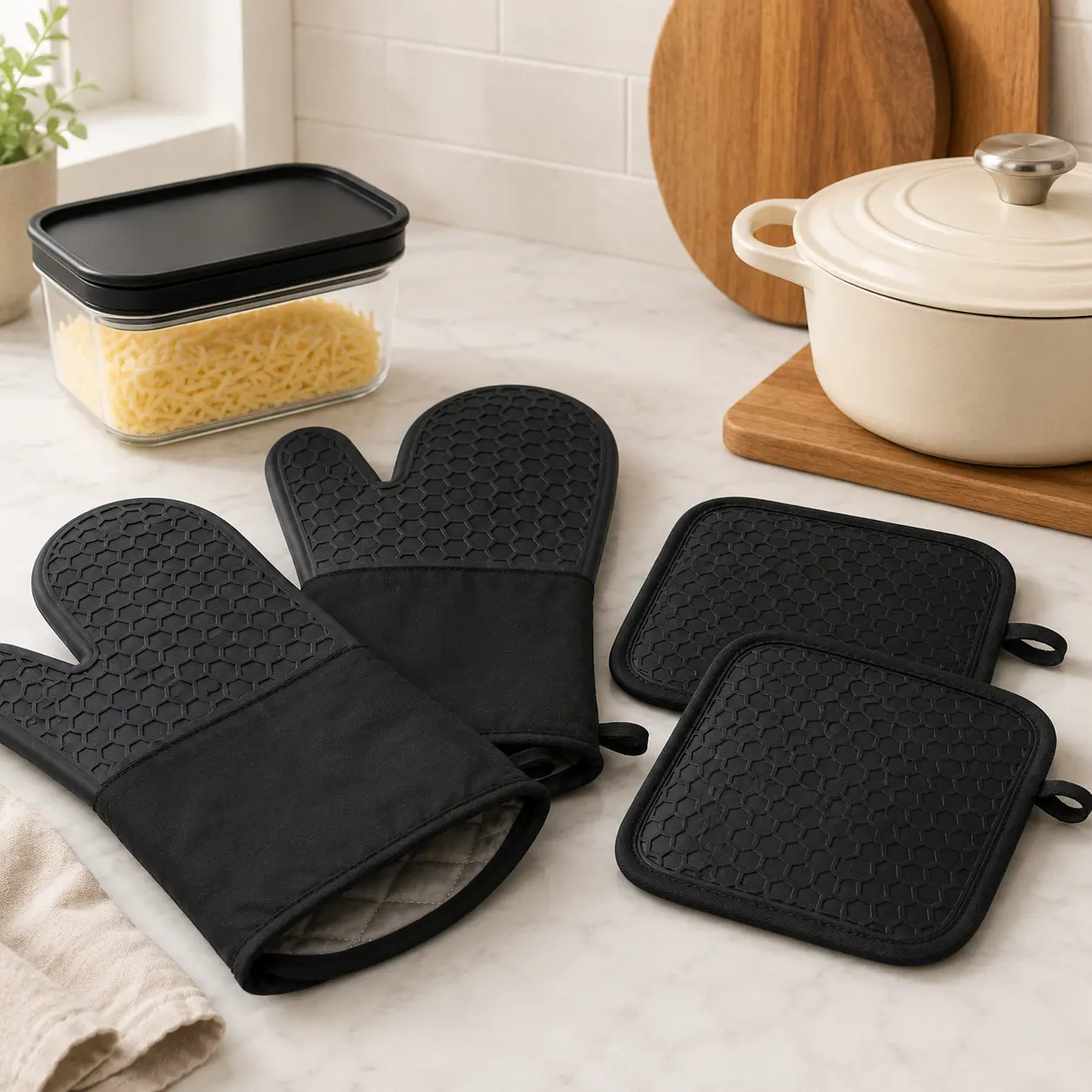 3-in-1 Glass Cheese Grater Storage Container + One Pair Long Cuff Silicone Oven Mitts + One Pair Honeycomb Non-Slip Silicone Pot Holders, 5-Piece All-in-One Kitchen Baking Set