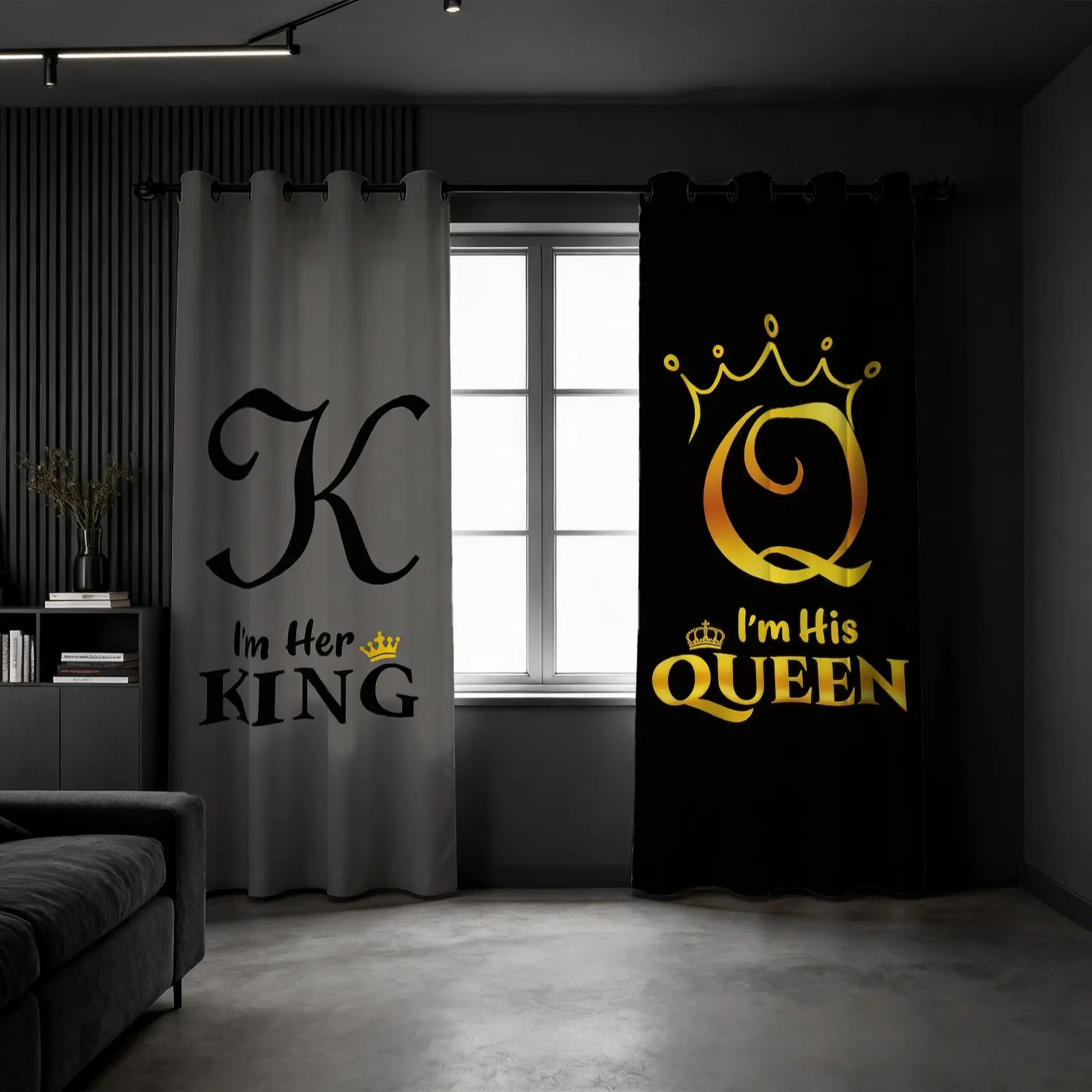 King & Queen Themed Couple Curtains, 2 Panels, Black & Gray Split Blackout Curtains, 80% Light Blocking Single-Side Printed Window Drapes, Romantic Valentine's Bedroom Decor Curtains for Couples, Privacy Grommet Curtains, Home Decorative Curtain