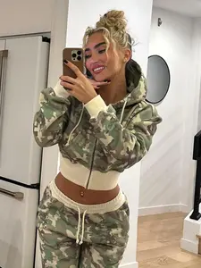 Women's Camouflage Print Zip Up Hoodie Jacket, Casual Drawstring Hooded Fitted Long Sleeve Sweatshirt for Spring & Fall, Ladies Womenswear Clothes for Daily Wear